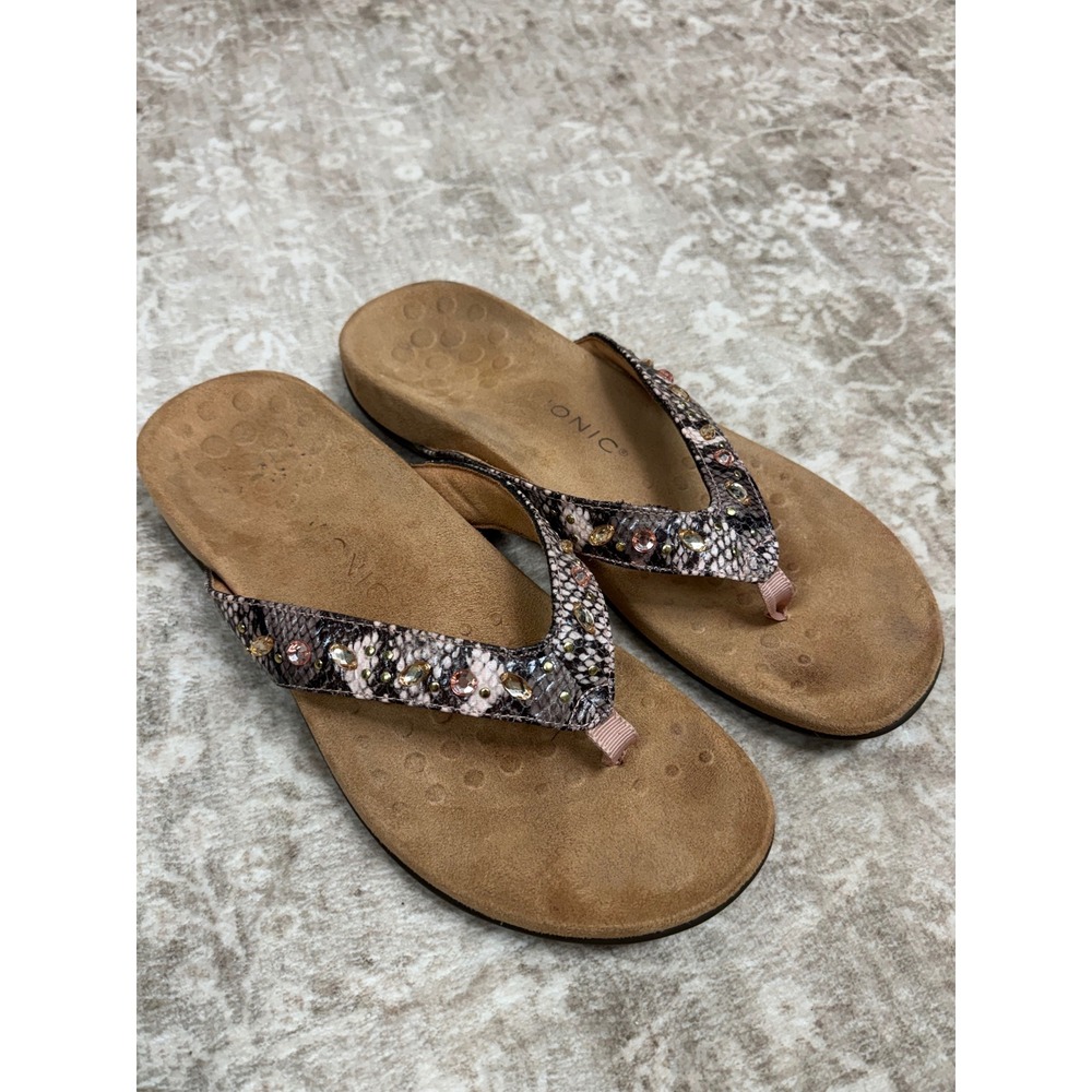 Vionic Lucia Snake Print Jeweled Orthotic Thong Sandals Pink Grey Womens 10